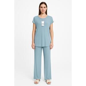 NWT Zara Blue Ribbed Wide Leg Chic Lounge Matching Top And Pants Set Womens S/M